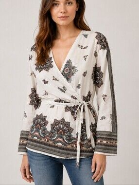 Banjul White Paisley Wrap Shirt Tie Waist Boho Size M
